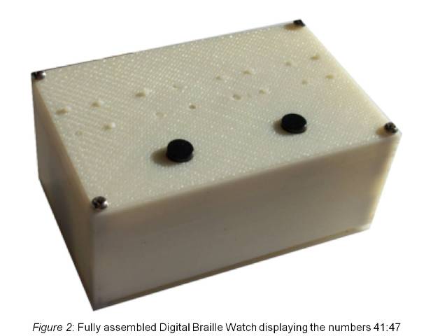 Fully assembled Digital Braille Watch displaying 41:47