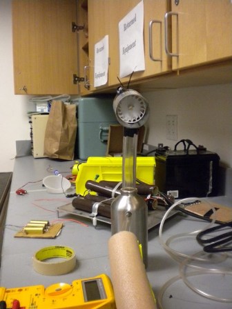 Centrifugal fan attached to a humidifier made of a .4L stainless steel water bottle with 6\\\" piece of vinyl tubing