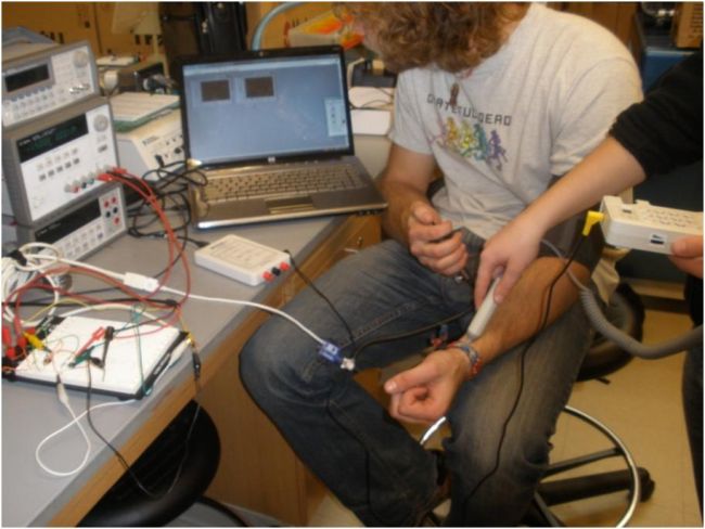 All parts of the system are connected and running, displaying signals in LabVIEW