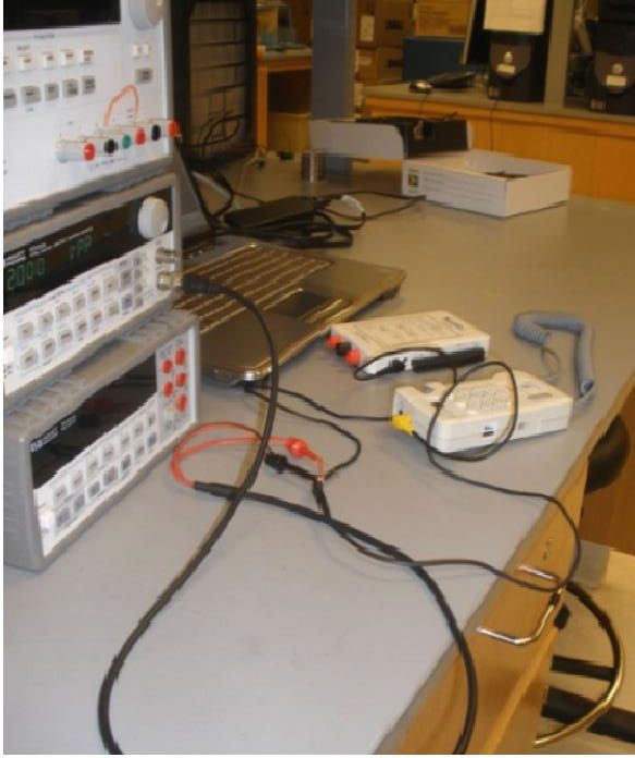 System includes: Mini Dopplex probe, waveform generator, synchronizing cable, NI myDAQ box, and laptop with LabVIEW