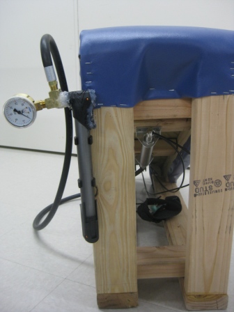 Rear view of air cylinder mounted underneath the triangular structure, handpump, and gauge