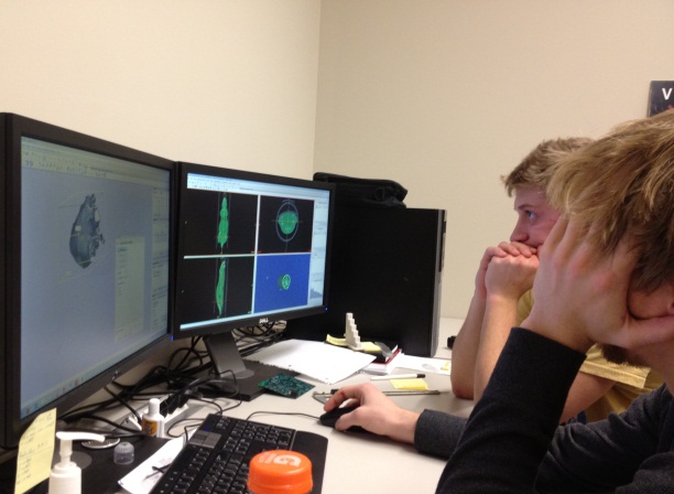Alex and Darren working at WID to edit our rat scans so that they can create a model that can be 3D printed as our phantom mold.