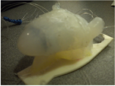 The final design mounted on a plastic base. The base was used as a stand in for the hyoid bone that the tongue will attach to in a final model.