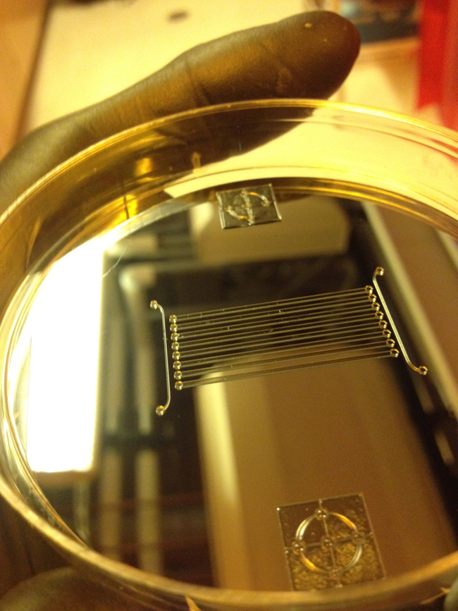 Figure 3. An image of the master for microfluidic device manufactured using soft lithography by the BME 301 Design Team (Spring 2012).  Our oxygen detection mechanism is designed to work with this device.  The vertical channels on each side are for oxygen and nitrogen flow.  The horizontal channels hold cells and will experience the oxygen gradient created by the device.