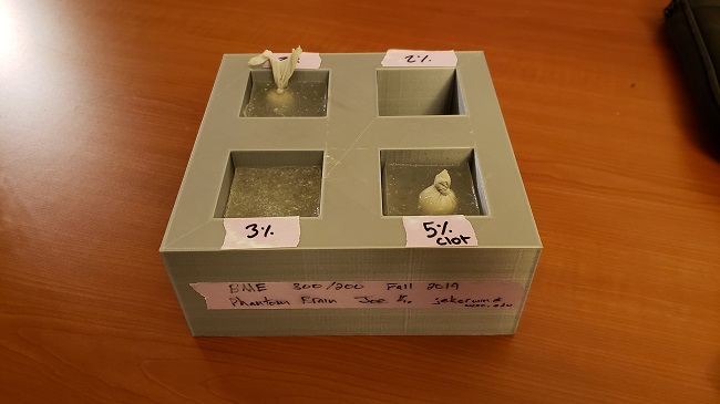 Final Prototype: The final prototype is seen here with three alginate gels inside. Two of them contain a 2% base gel with 5% clot and one is a plain 3% base gel.