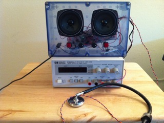 Complete electronic box with stethoscope attachment powered by a power supply