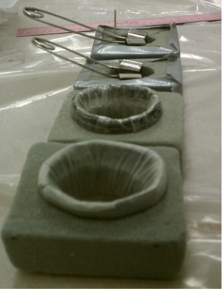 Testing in Floral Foam.  From back to front: Large metal spring retractor, small metal spring retractor, revised Alexis® with polyurethane tubing, revised Alexis® with nitrile tubing.