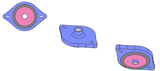 Final design of CidalSeal with silicone cap and microcidal foam. Cap has suture tabs for easy attachment to skin and an extension at the top to attach to drain tube. The foam has 2 microcidal agents. The inner foam (pink) is impregnated with chlorhexidine gluconate. The outside foam (gray) is impregnated with silver sulfidiazine. Views from left to right: bottom view, isometric top view, isometric bottom view. 