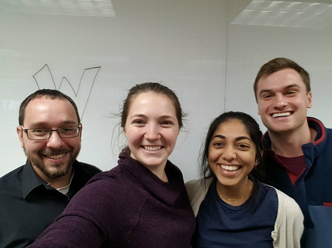 Team members from left to right: Dr. Puccinelli, Makayla, Dhyuti, Zach