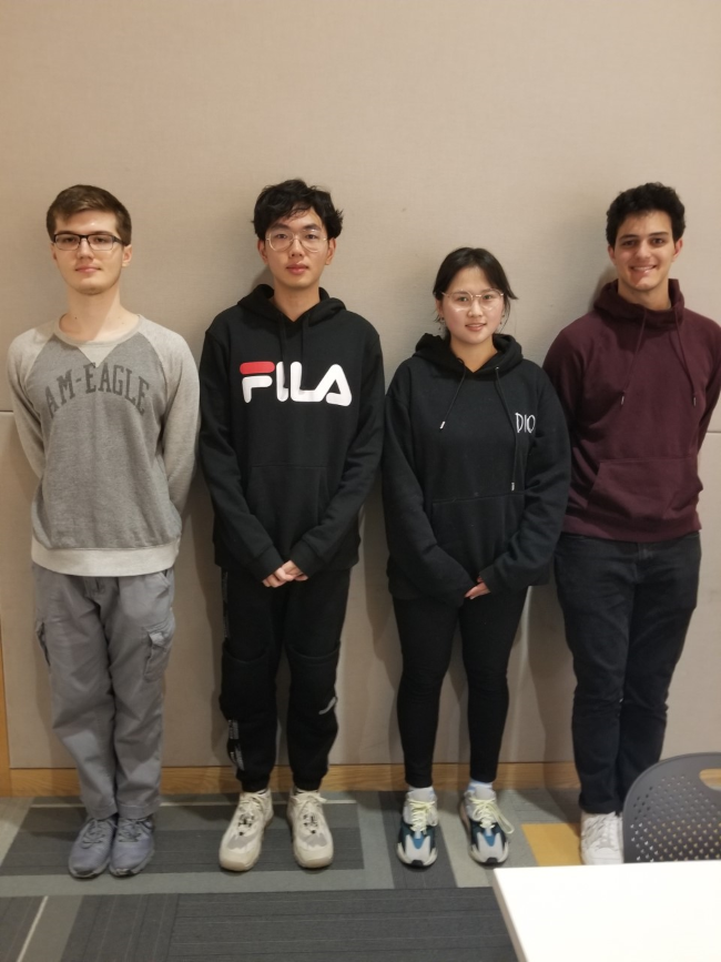 Team members from left to right: Martin Janiszewski, Jiong Chen, Xiaoxuan Ren, Benjamin Grindel