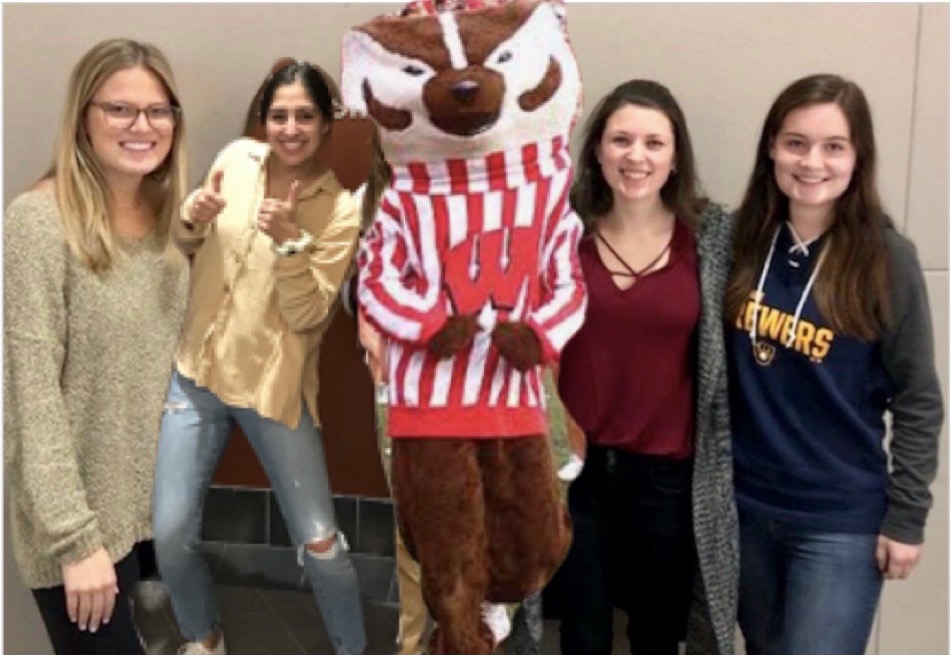 Zoe Schmanski, Jenna Eizadi, Bucky Badger, Britt Glaeser, Kaitlin Lacy (from left to right)